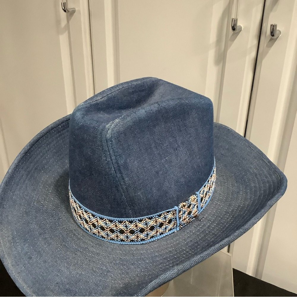 Vintage 70’s YA Youngan Blue Jean Denim Cowboy Western Hat Chevron Band - Picture 5 of 16